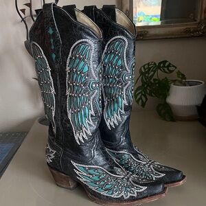 Corral Black and Turquoise Winged Heeled Boots